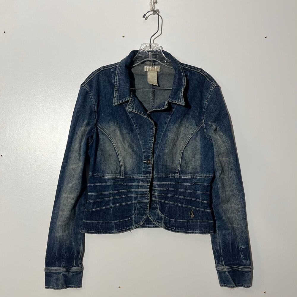 Vintage EUC Baby‎ Phat Rare Blue Jeans Metal Cat Logo Denim Jacket Women Size XL